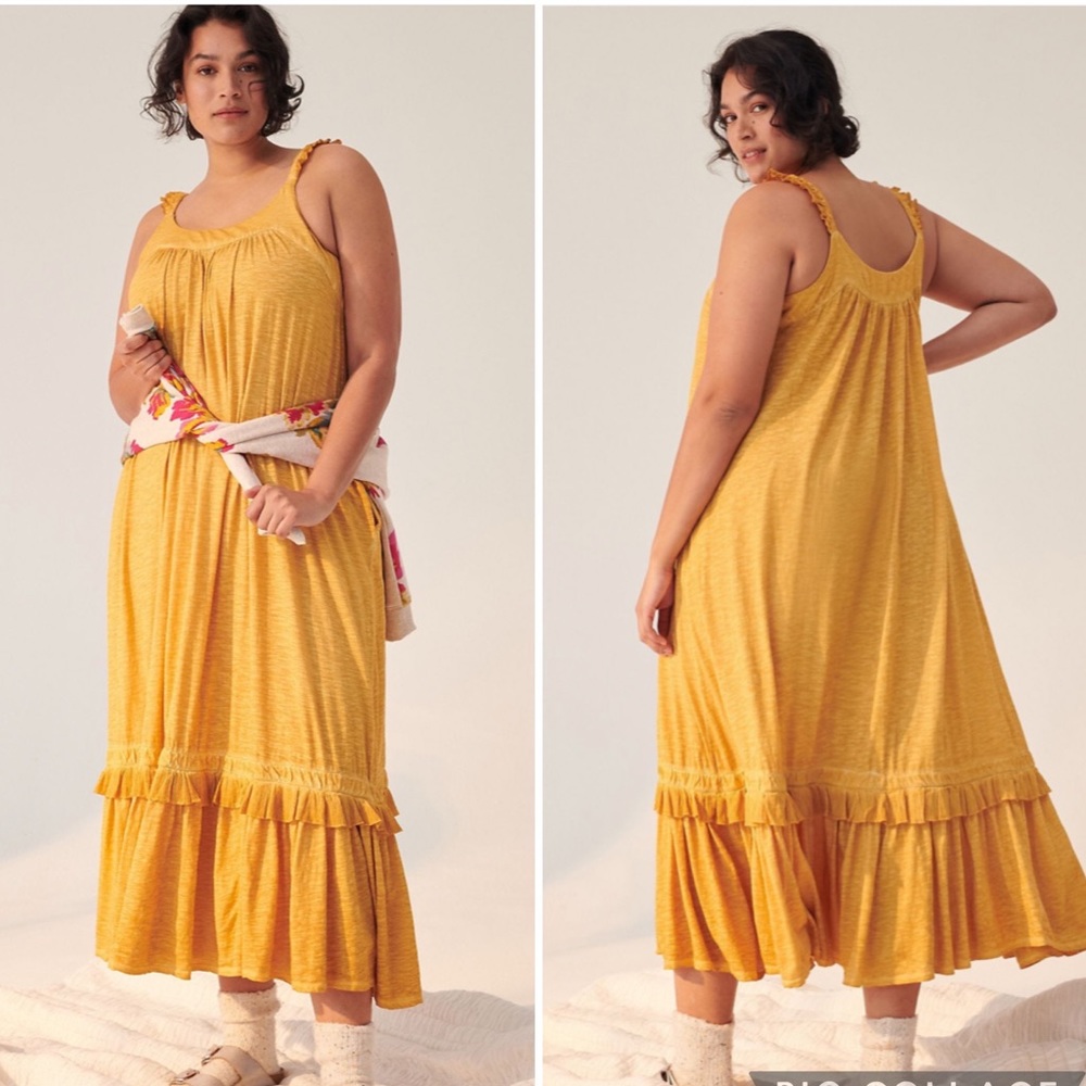 NWT Anthropologie Britt Tiered Midi Dress Yellow Gold Plus Womens 1X Maxi Plus
